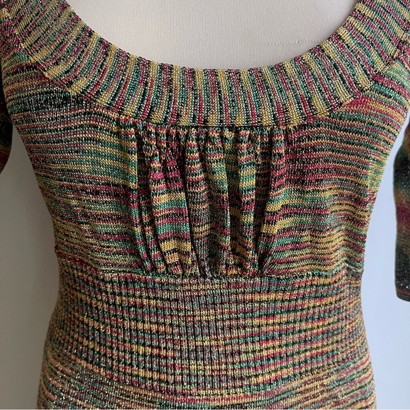 Vintage 90s Guess Jeans Gold Bodycon Knit Dress Medium Rasta Red Yellow Green - Picture 4 of 12